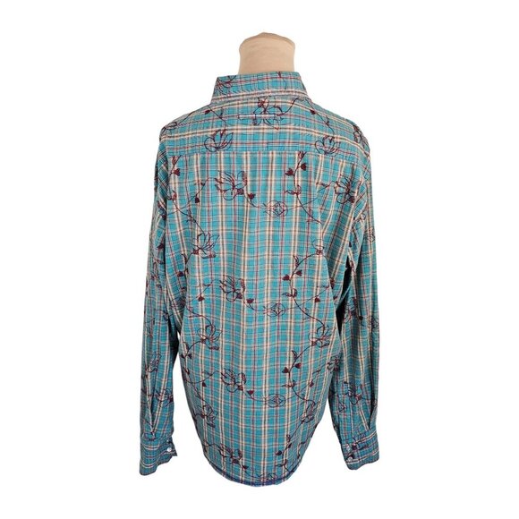 George Roth Floral Embroidered Blue Plaid Button Up Sz XL - Picture 6 of 11
